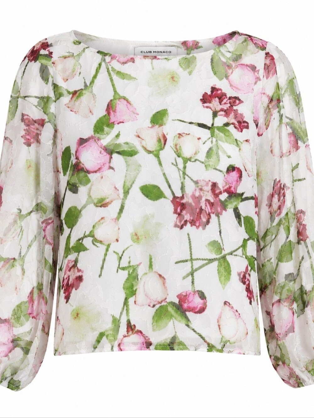 CLUB MONACO | Floral Rose Sheer Sleeve Textured Blouse Romantic Feminine | S